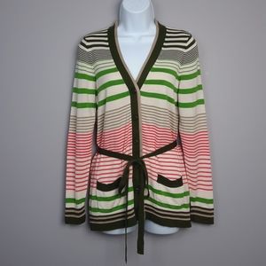 Milly Silk Green and Cream Striped Button Front Belted Cardigan Sweater Medium